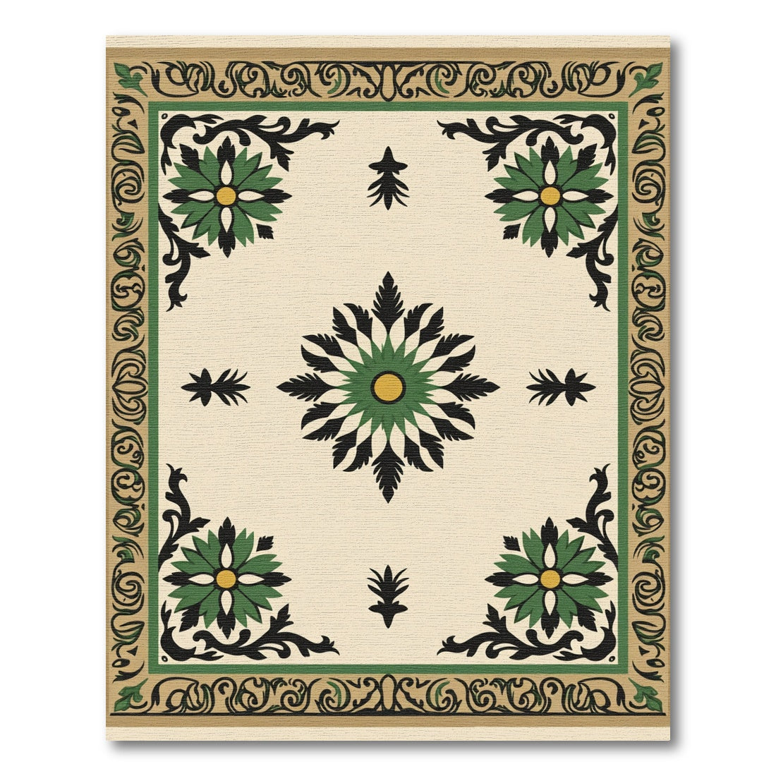 Green Black Floral Medallion Cream Border Rug