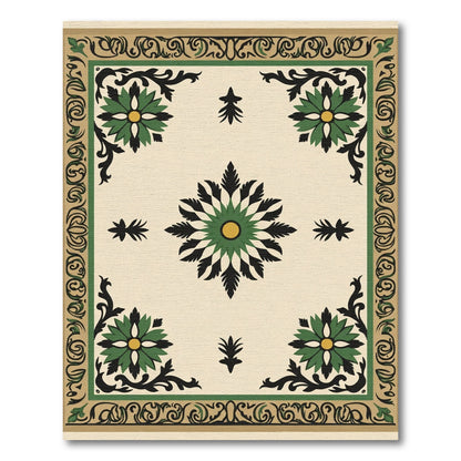 Green Black Floral Medallion Cream Border Rug