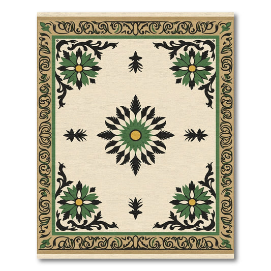 Green Black Floral Medallion Cream Border Rug