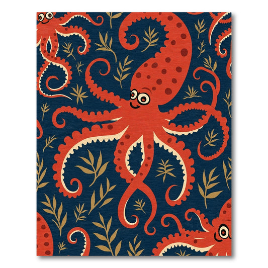 Red Octopus Navy Botanical Seafloor Rug