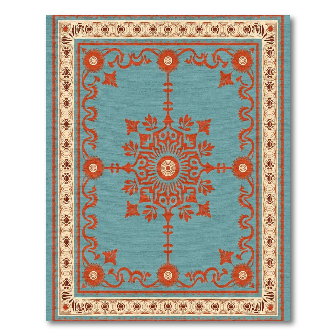 Coral Sunburst Teal Floral Medallion Rug