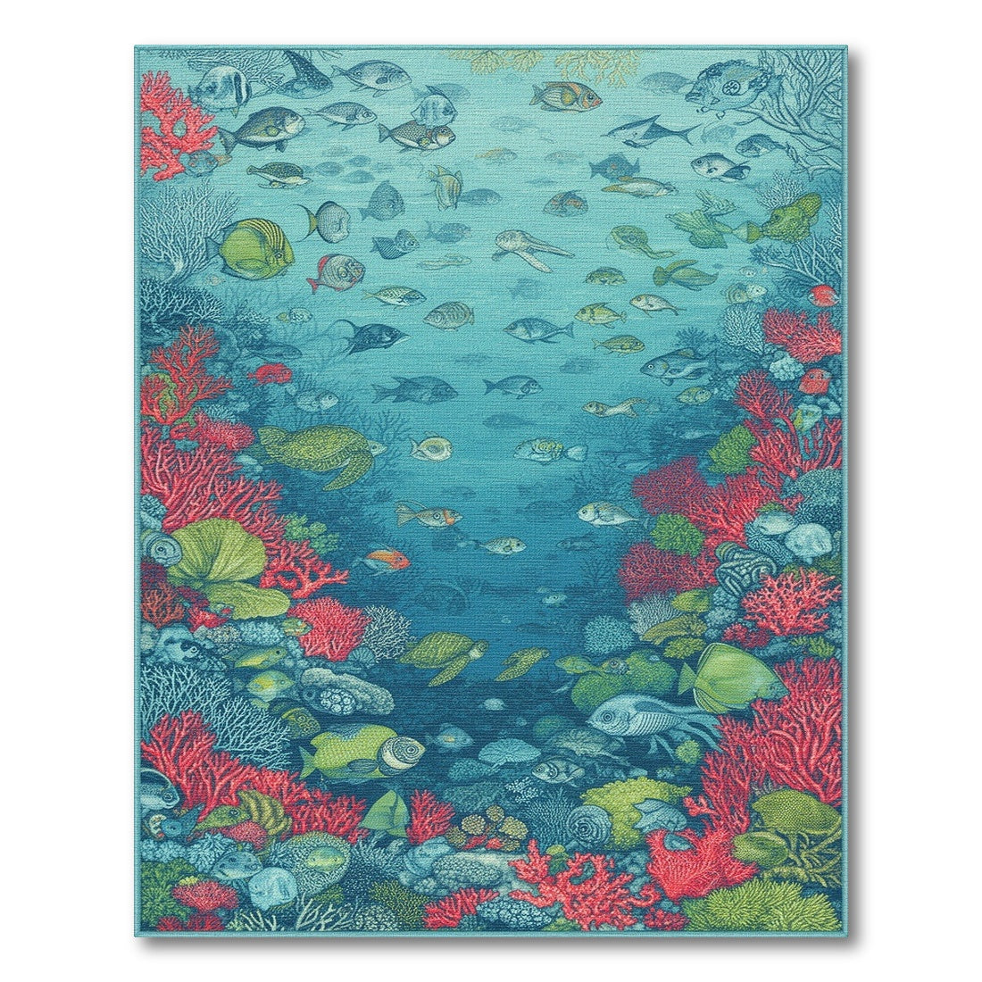 Blue and Teal Ocean Coral Reef Fish Area Rug