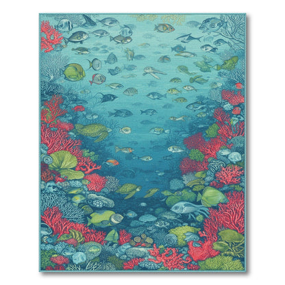 Blue and Teal Ocean Coral Reef Fish Area Rug