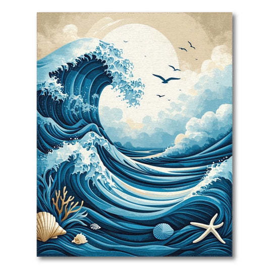 Blue Crashing Wave Moon Birds Rug