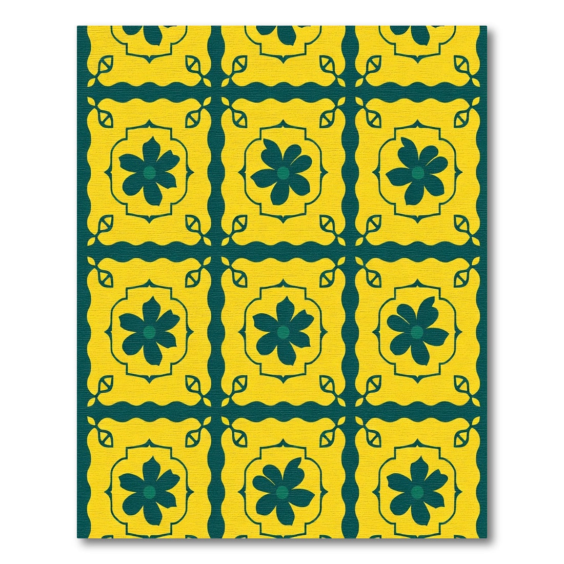 Yellow Teal Floral Square Tile Rug