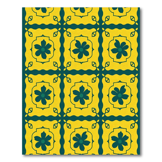 Yellow Teal Floral Square Tile Rug