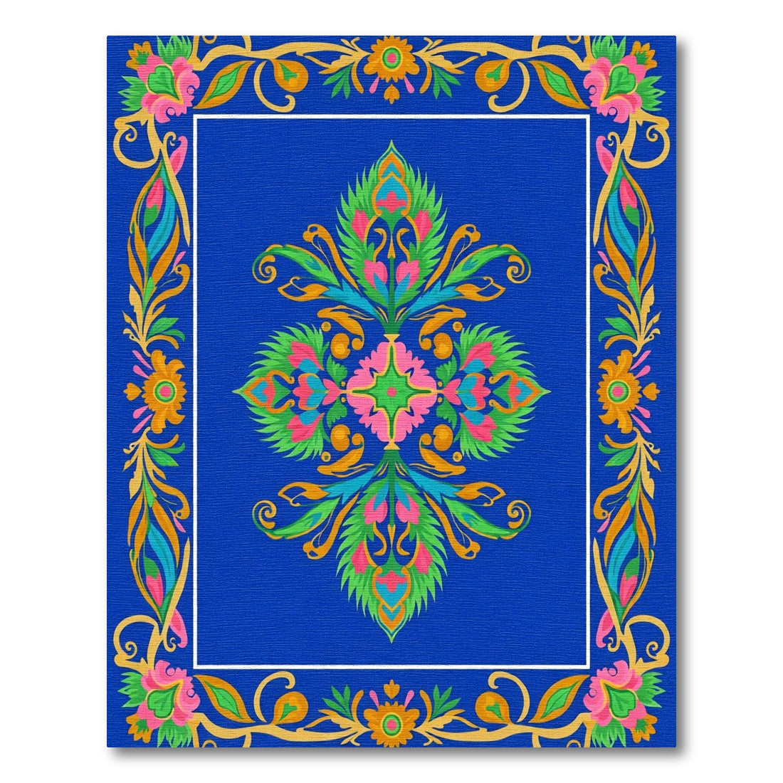 Vibrant Blue Floral Medallion Border Rug