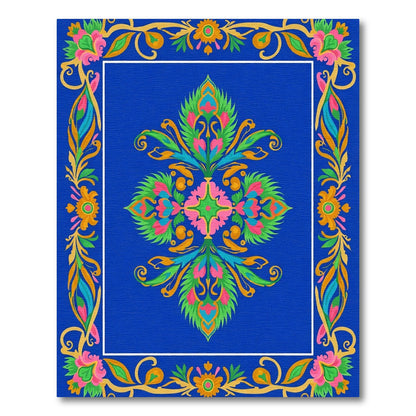 Vibrant Blue Floral Medallion Border Rug