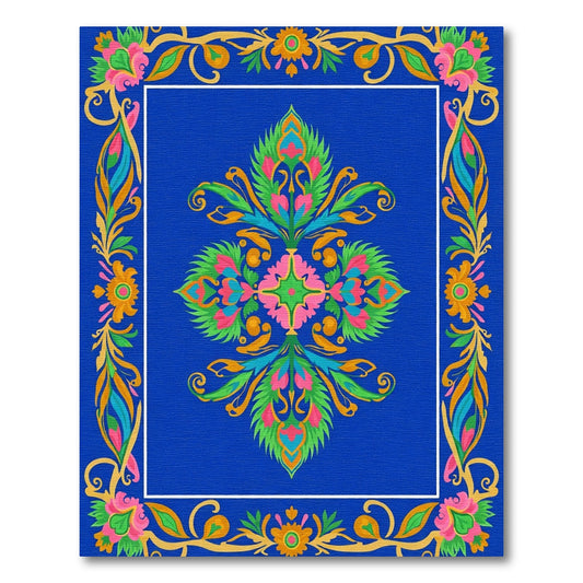 Vibrant Blue Floral Medallion Border Rug