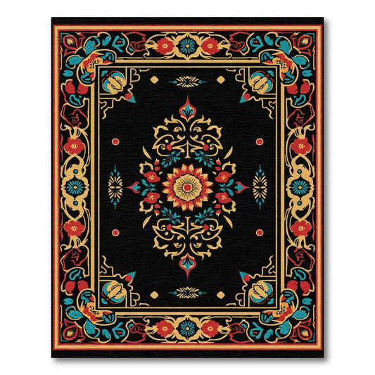 Black Floral Medallion With Red Accent Rug