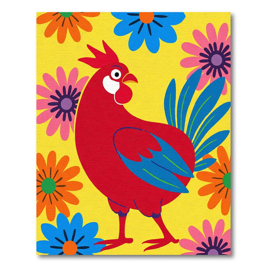 Bright Red Rooster Floral Garden Rug