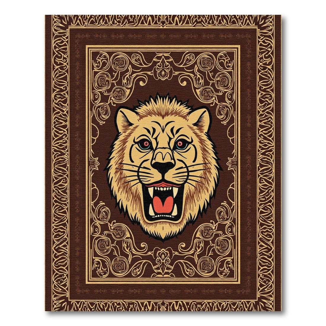 Roaring Lion Head Brown Golden Border Rug