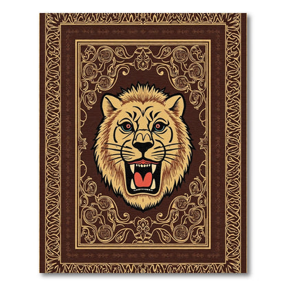 Roaring Lion Head Brown Golden Border Rug