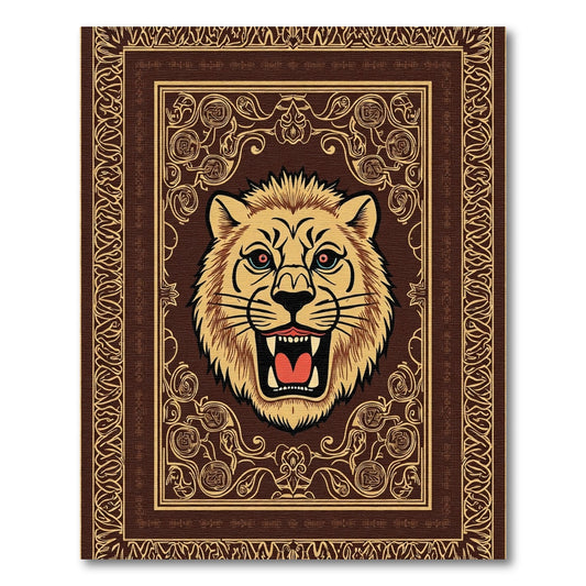 Roaring Lion Head Brown Golden Border Rug