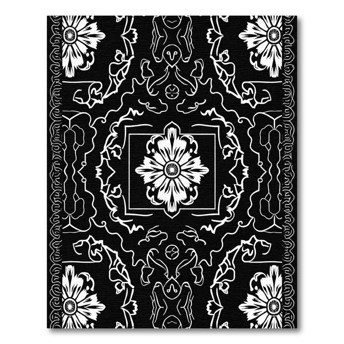 Bold Black White Floral Medallion Intricate Rug