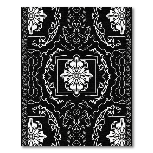 Bold Black White Floral Medallion Intricate Rug