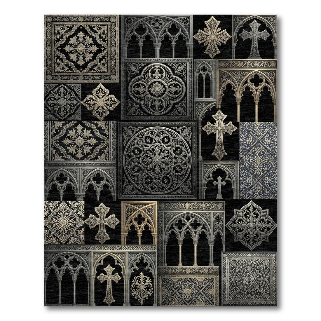 Ornate Gothic Archways Cross Medallion Rug
