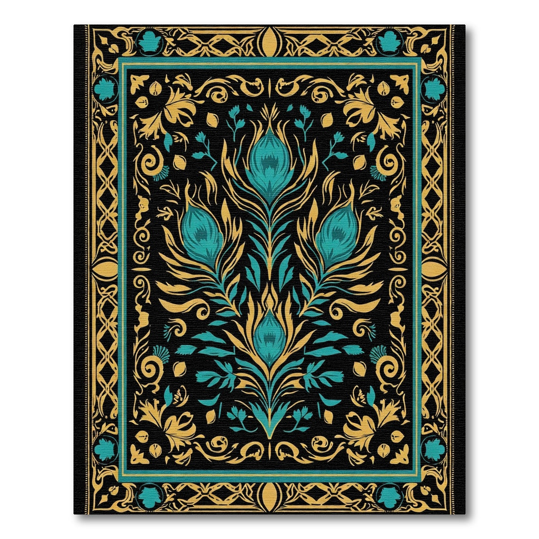 Turquoise Gold Floral Symmetry Rug