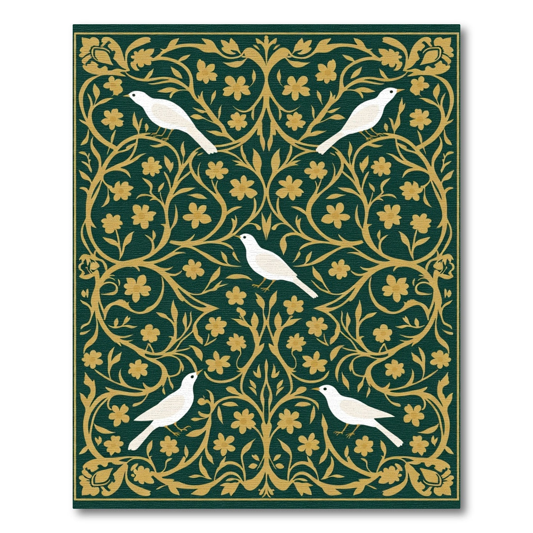 Emerald Green White Birds Floral Vine Rug