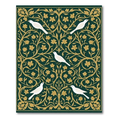 Emerald Green White Birds Floral Vine Rug