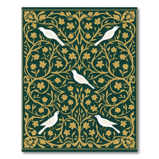 Emerald Green White Birds Floral Vine Rug
