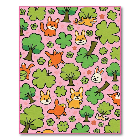 Cute Orange Fox and Bunny Forest Rug