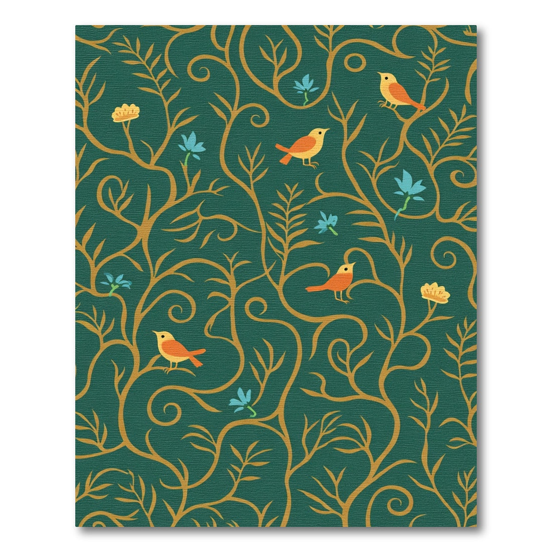 Emerald Green Golden Bird Floral Vines Rug