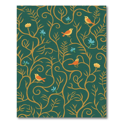 Emerald Green Golden Bird Floral Vines Rug