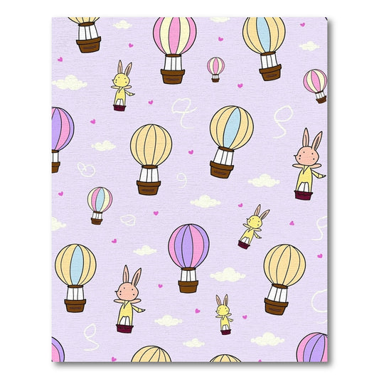 Whimsical Bunny Hot Air Balloon Clouds Rug