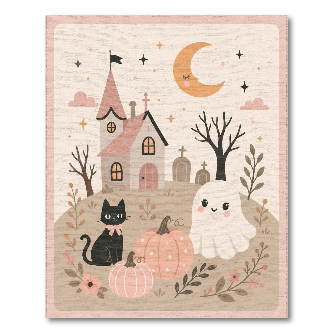 Beige and Neutral Whimsical Halloween Ghost Cat Area Rug