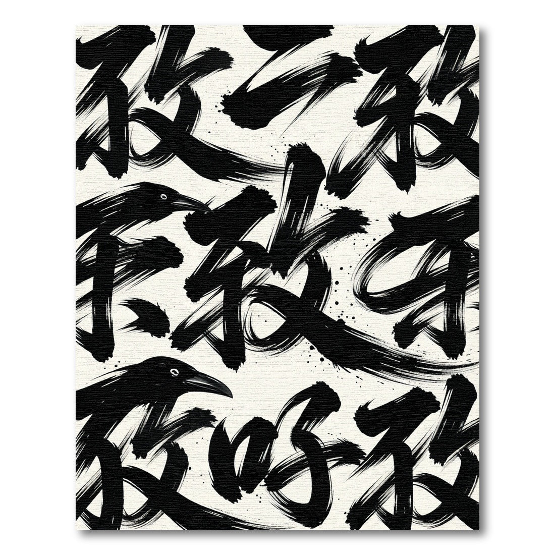 Black Ink Brush Strokes With Crow Rug