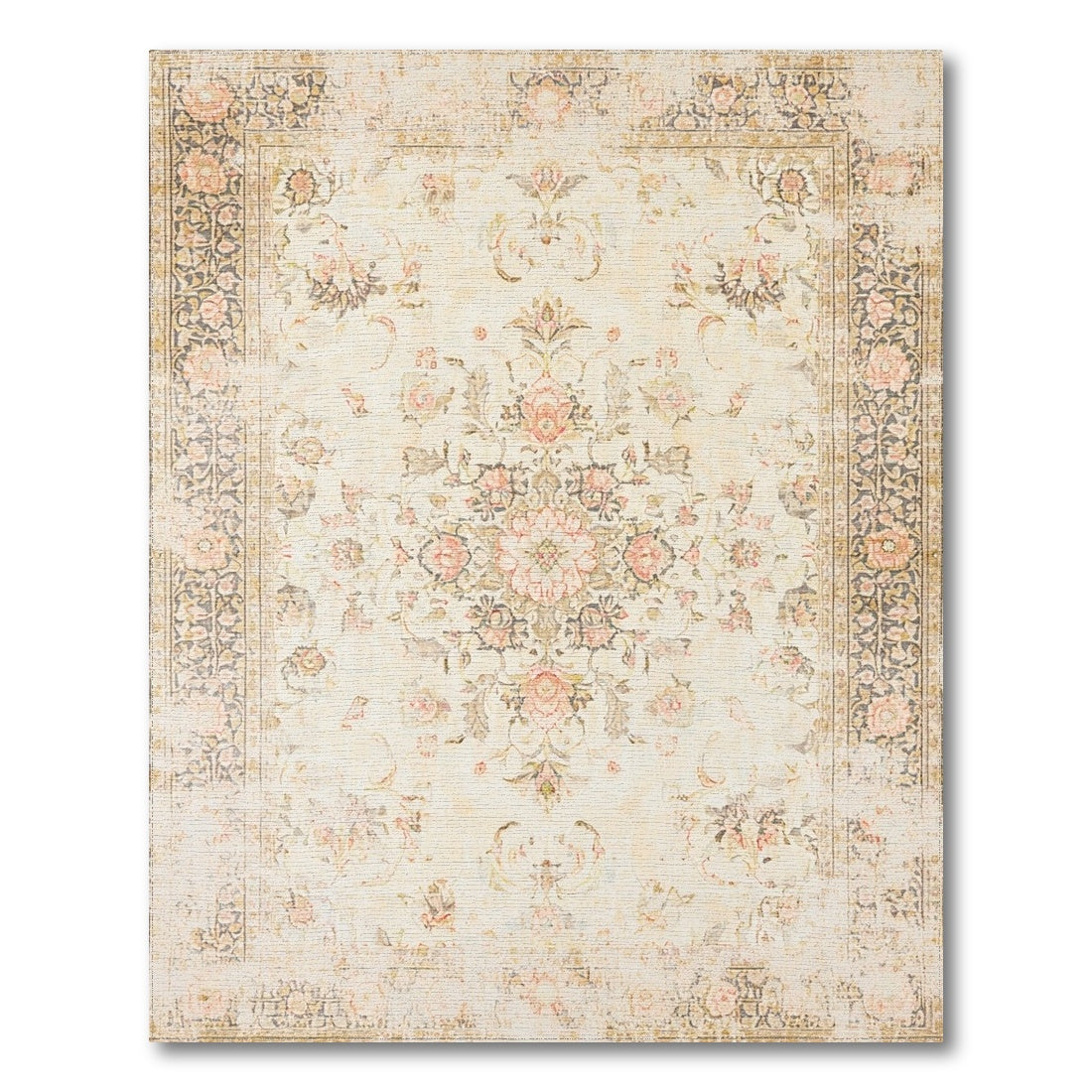 Beige and Neutral Vintage Floral Beige Medallion Area Rug