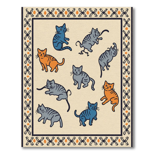 Playful Orange Blue Striped Cats Border Rug