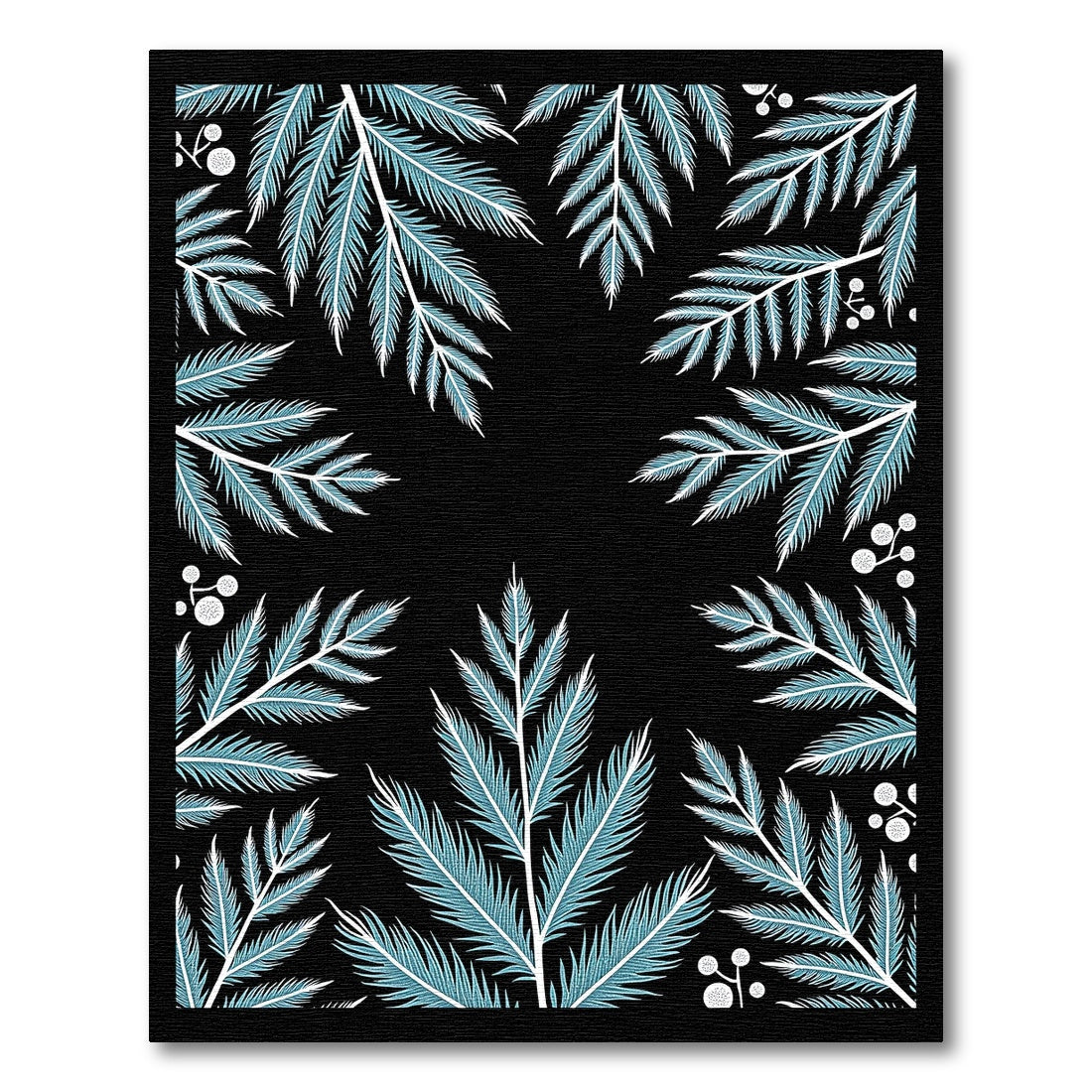 Teal Fern Branch Botanical Black Rug