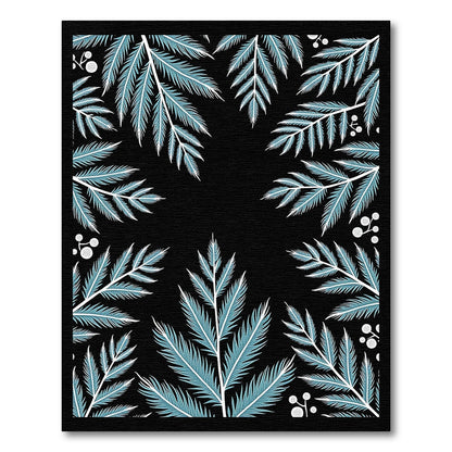 Teal Fern Branch Botanical Black Rug