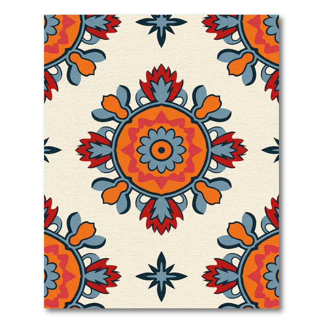 Bright Orange Red Blue Medallion Rug