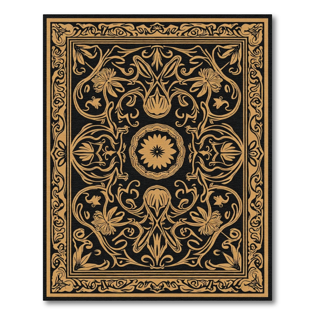 Gold Floral Art Nouveau Black Rug