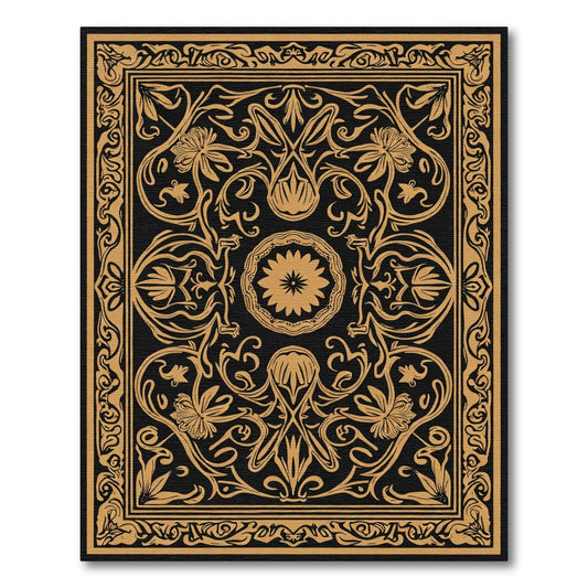 Gold Floral Art Nouveau Black Rug
