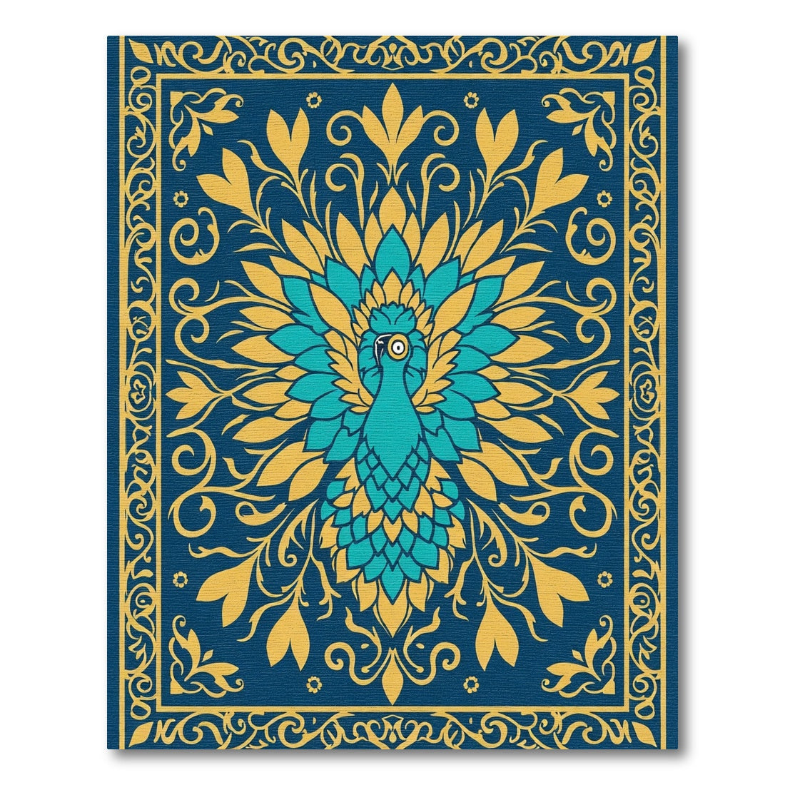 Teal Peacock Floral Blue Border Rug
