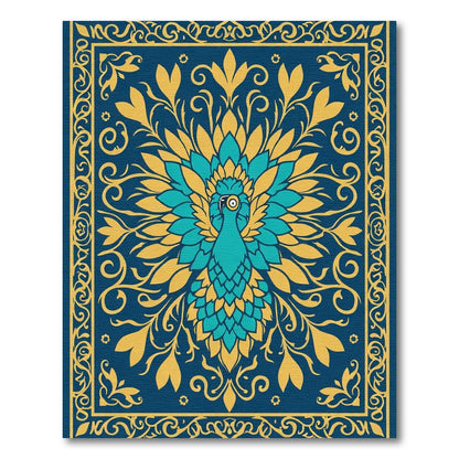 Teal Peacock Floral Blue Border Rug