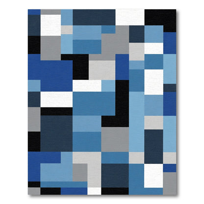 Cool Blue Gray Geometric Blocks Rug