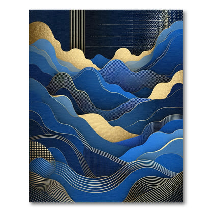 Abstract Blue Gold Wavy Mountains Rug