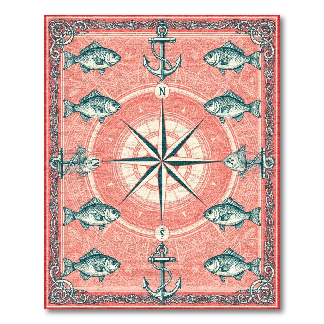 Coastal Beach Red Nautical Compass Anchor Area Rug