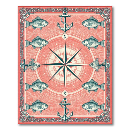 Coastal Beach Red Nautical Compass Anchor Area Rug