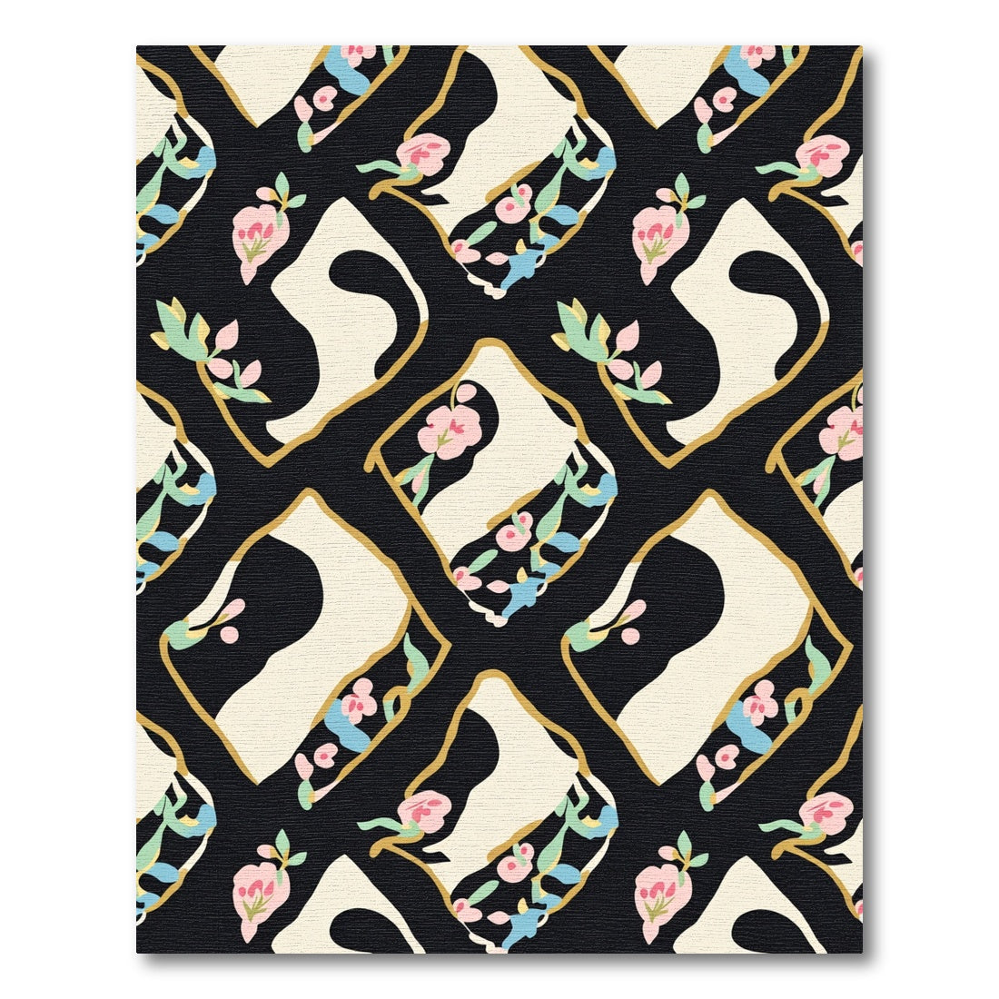Black Pink Floral Abstract Diamond Rug