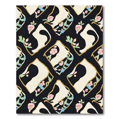 Black Pink Floral Abstract Diamond Rug