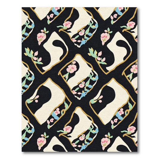 Black Pink Floral Abstract Diamond Rug