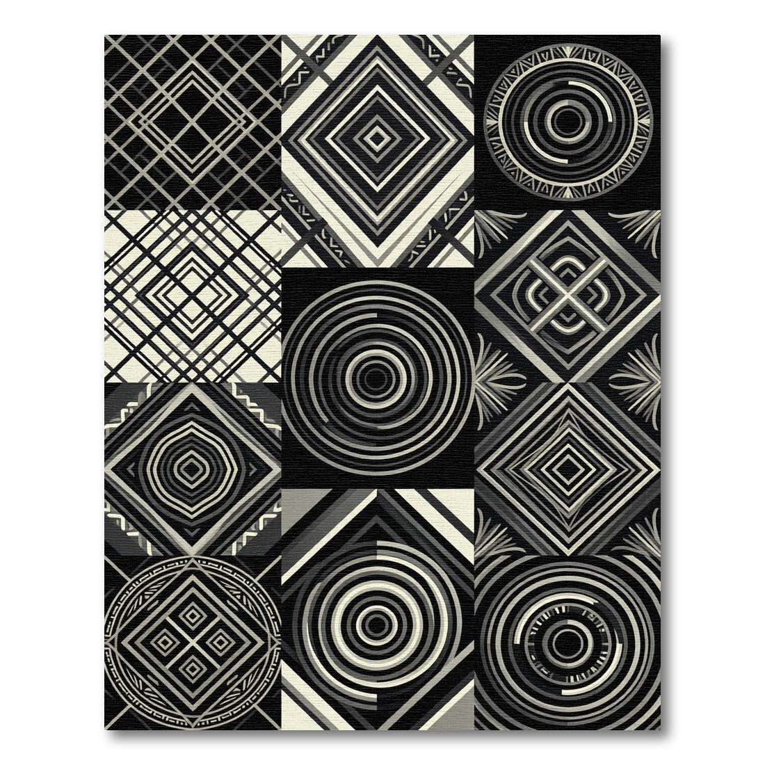 Monochrome Geometric Diamond Concentric Circles Rug