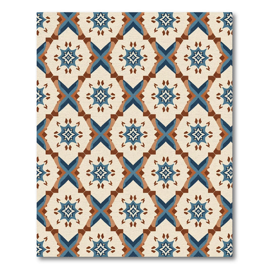 Cream Blue Geometric Starburst Diamond Rug