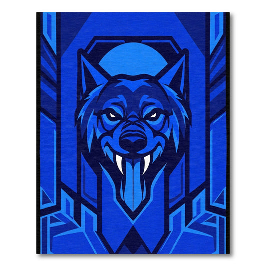 Vibrant Blue Wolf Geometric Composition Rug